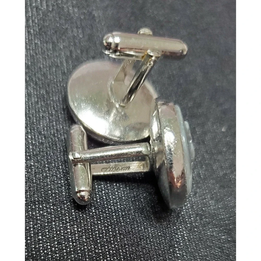 Vintage Anson Silver Tone Gray Blue Thermoset Treble Clef Musical Note Cufflinks